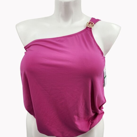 Michael Kors Size L Cerise Pink One Shoulder Tankini Swim Top Gold Logo New - Picture 1 of 9